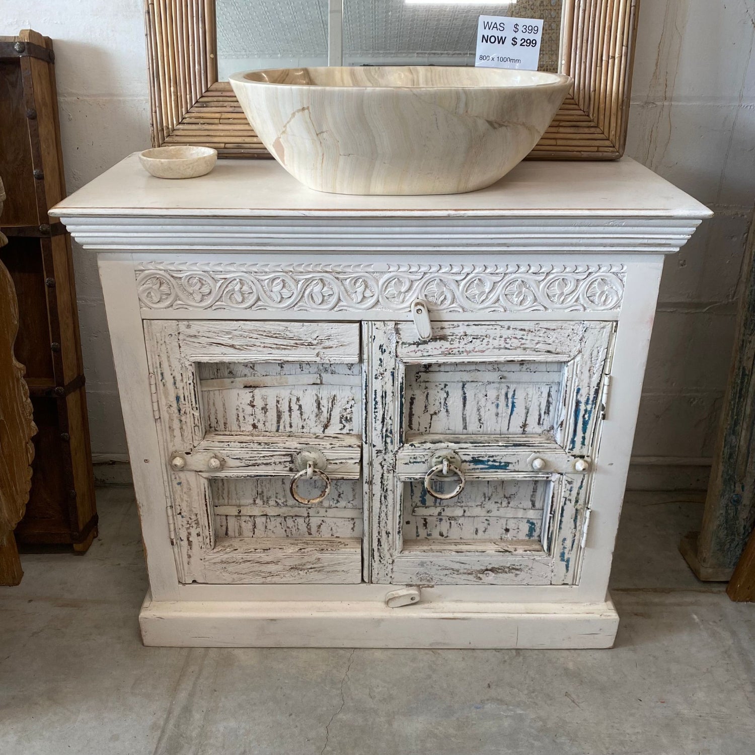 Indian White Wash Timber Vanity 04 - 90cm Length