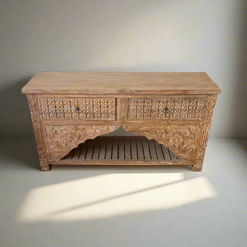 Kalak White Wash Carved Teak Vanity - 150cm Length