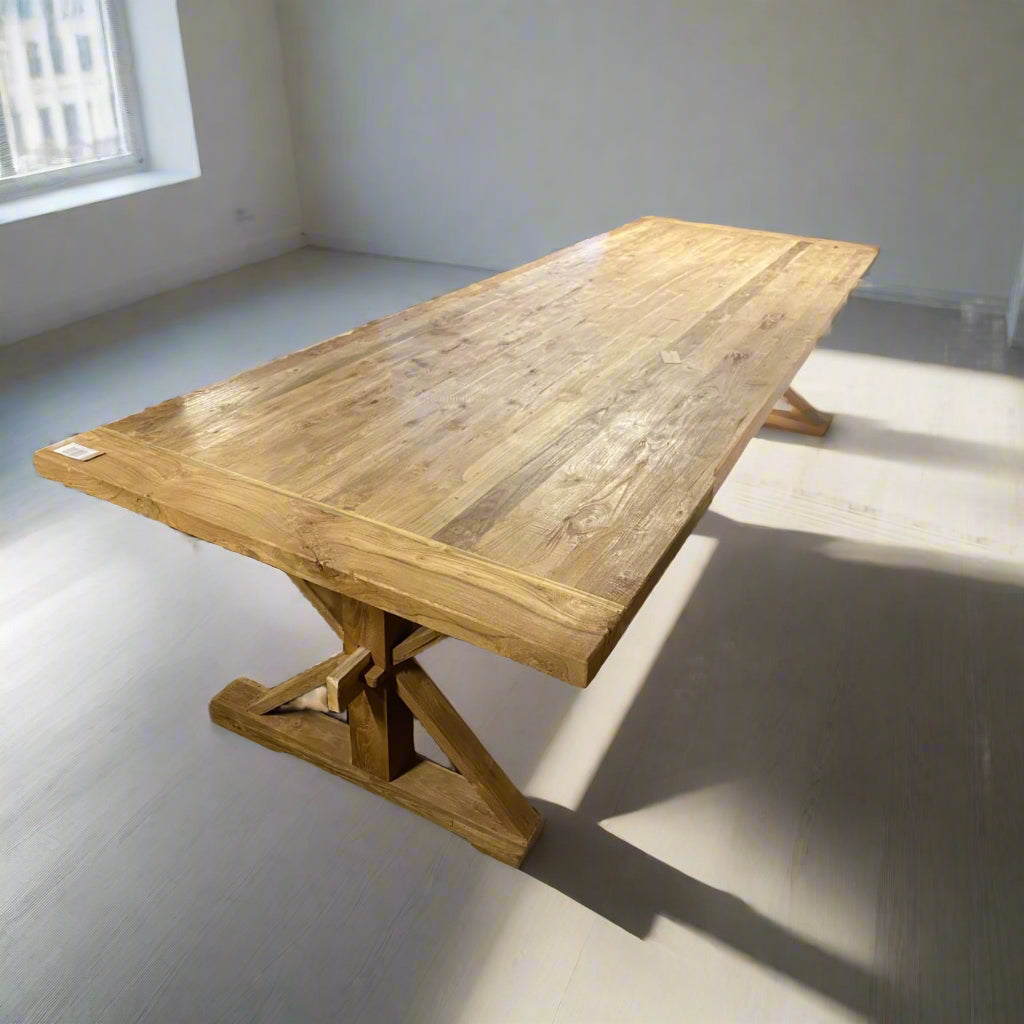Teak Timber Cross Leg Dining Table 3m x 1m