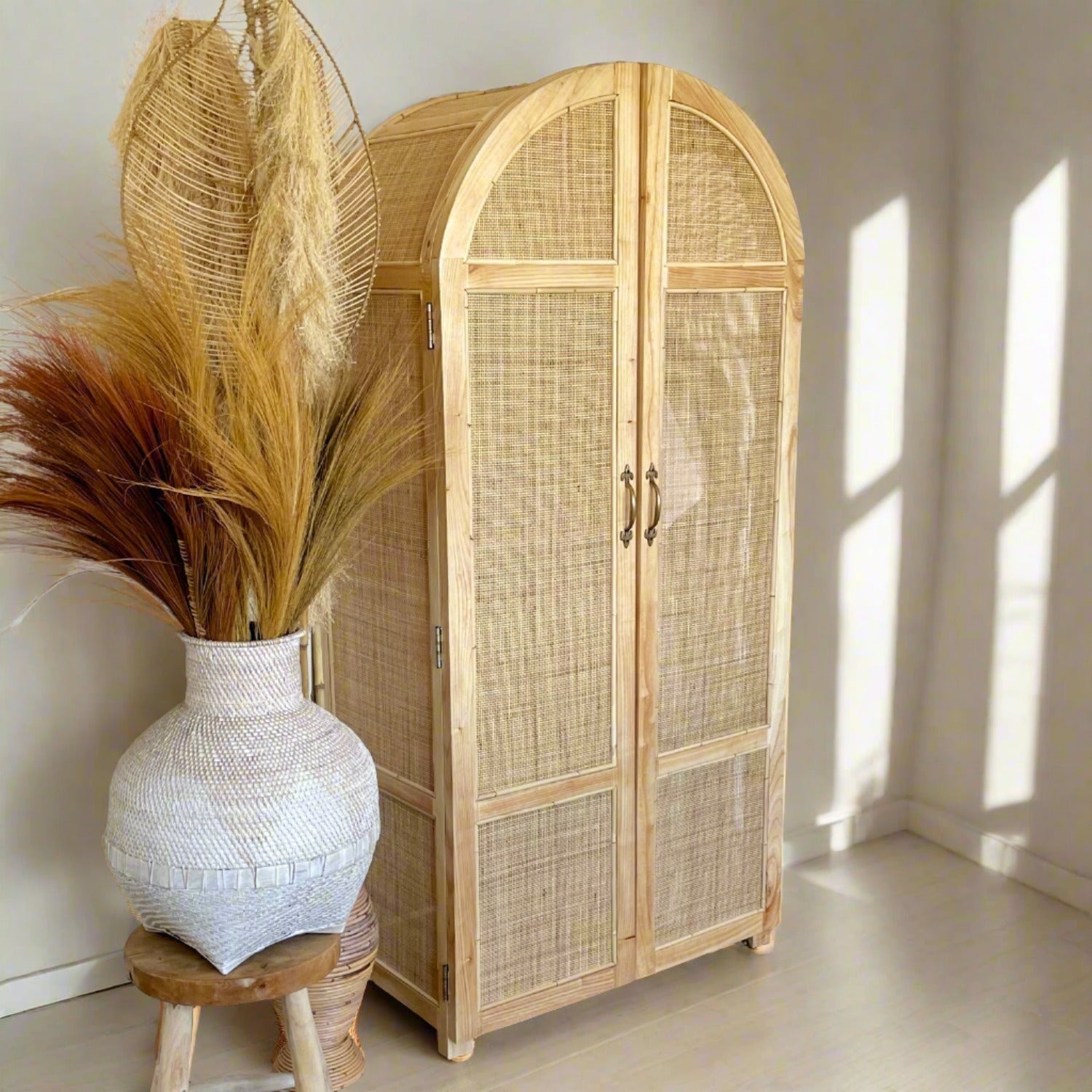 Arch Teak & Rattan Wardrobe - Full Shelves