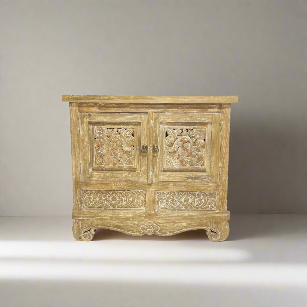 Belang White Wash Carved Teak Vanity - 90cm Length