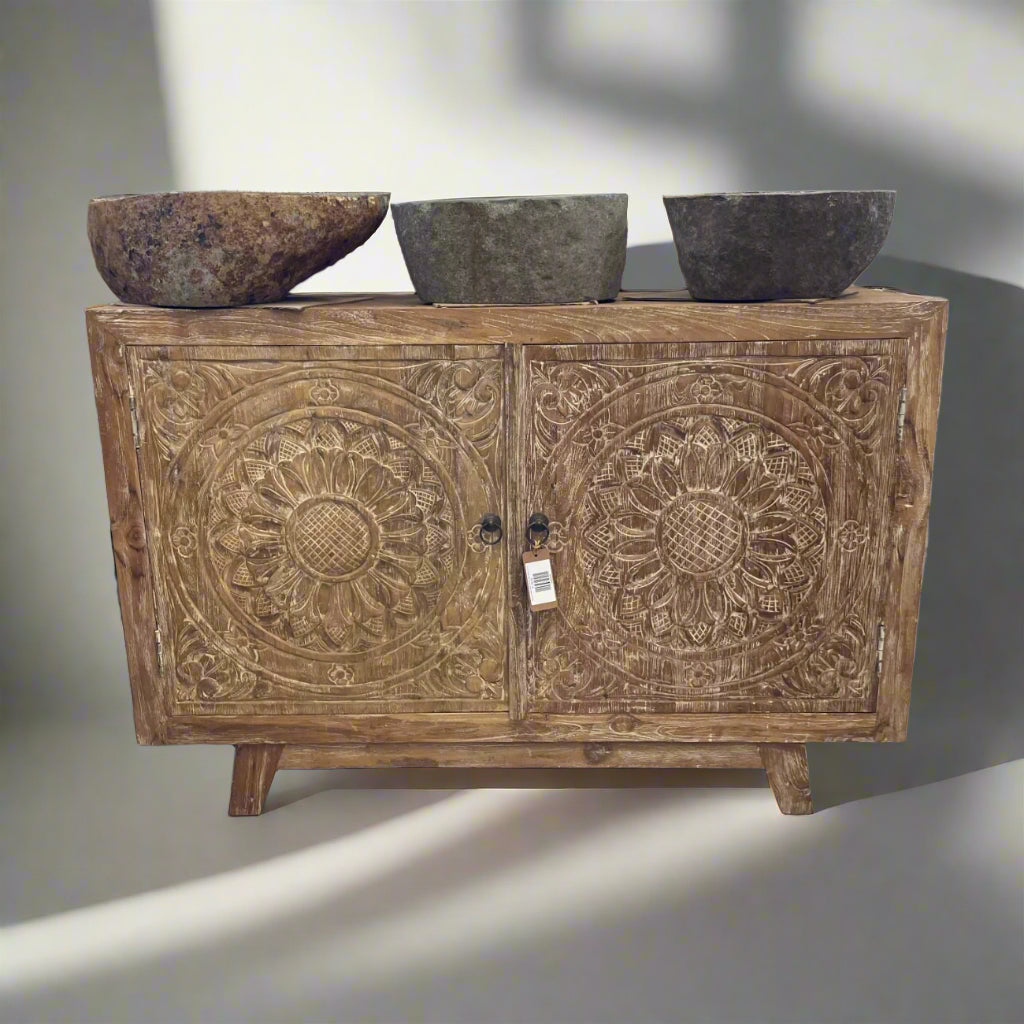 Blossom White Wash Carved Teak Vanity - 120cm Length