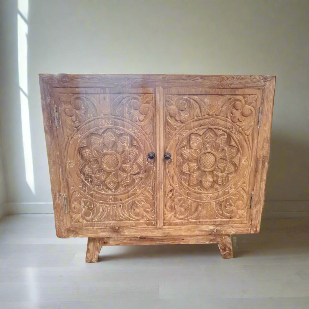 Blossom White Wash Carved Teak Vanity - 90cm Length