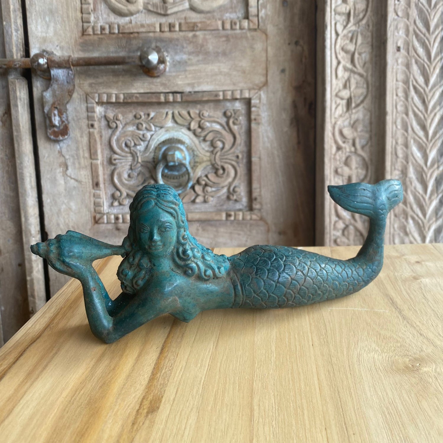Large Moss Brass Mermaid Laying