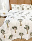 Green Palm Block Printed Kantha Coverlet Q/K