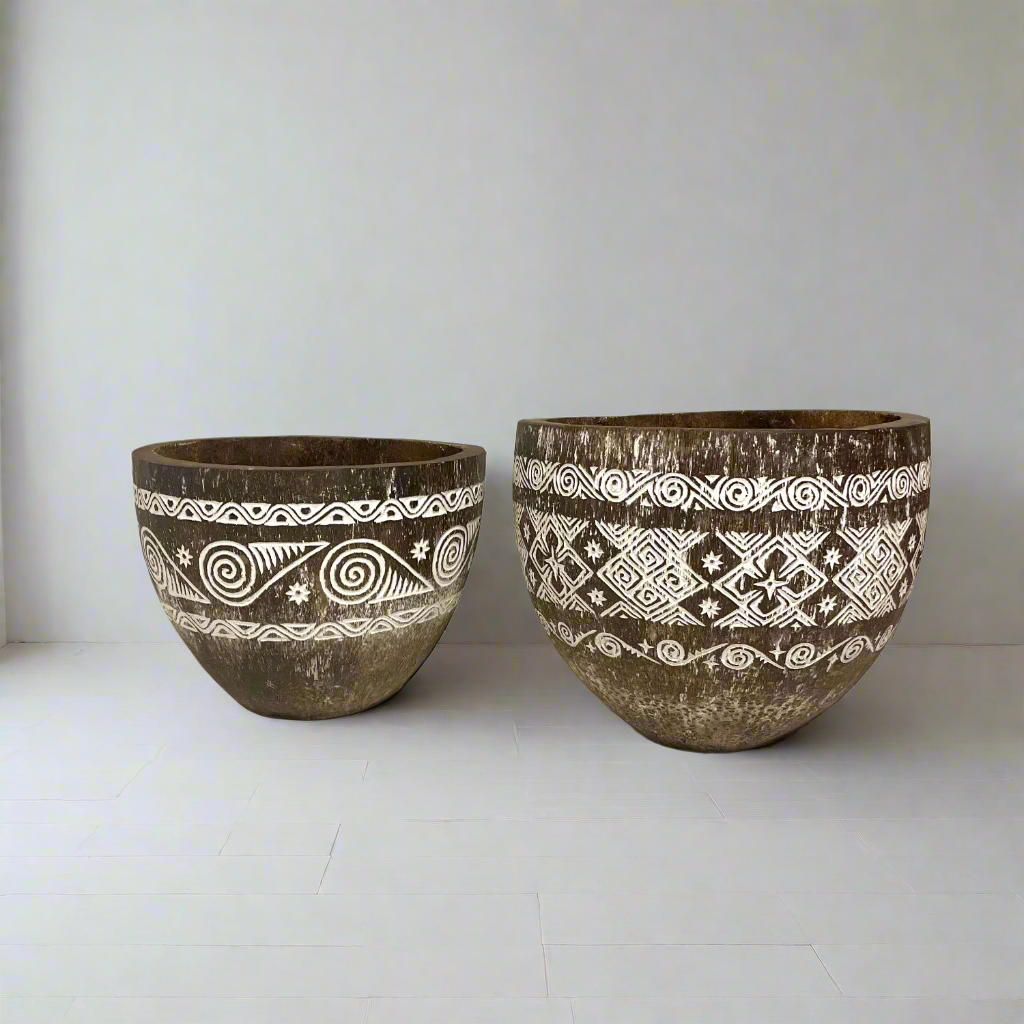 Tribal Carved Palm Pots Assorted Sizes - Natural