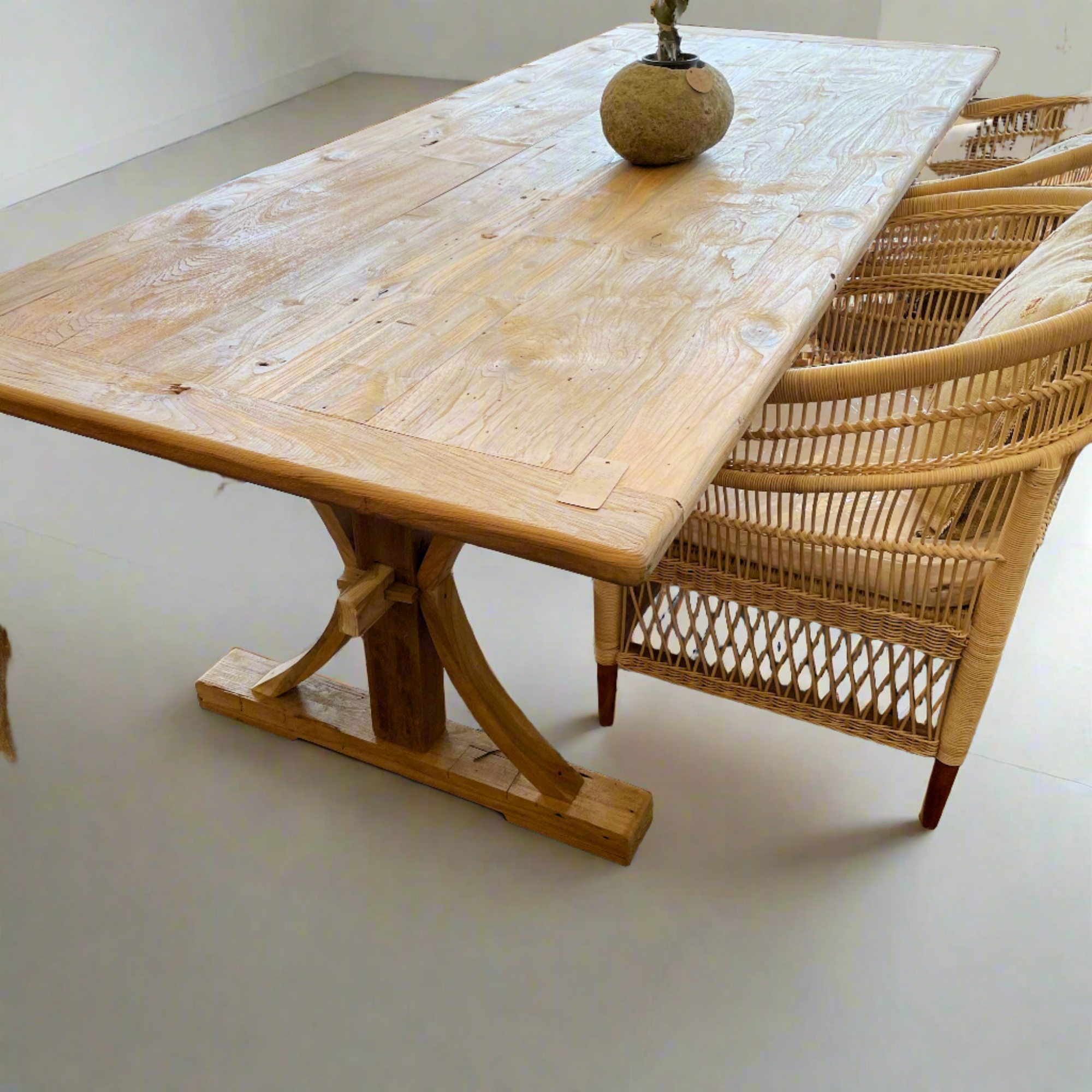 Teak Timber Curved Cross Leg Dining Table 2m x 1m