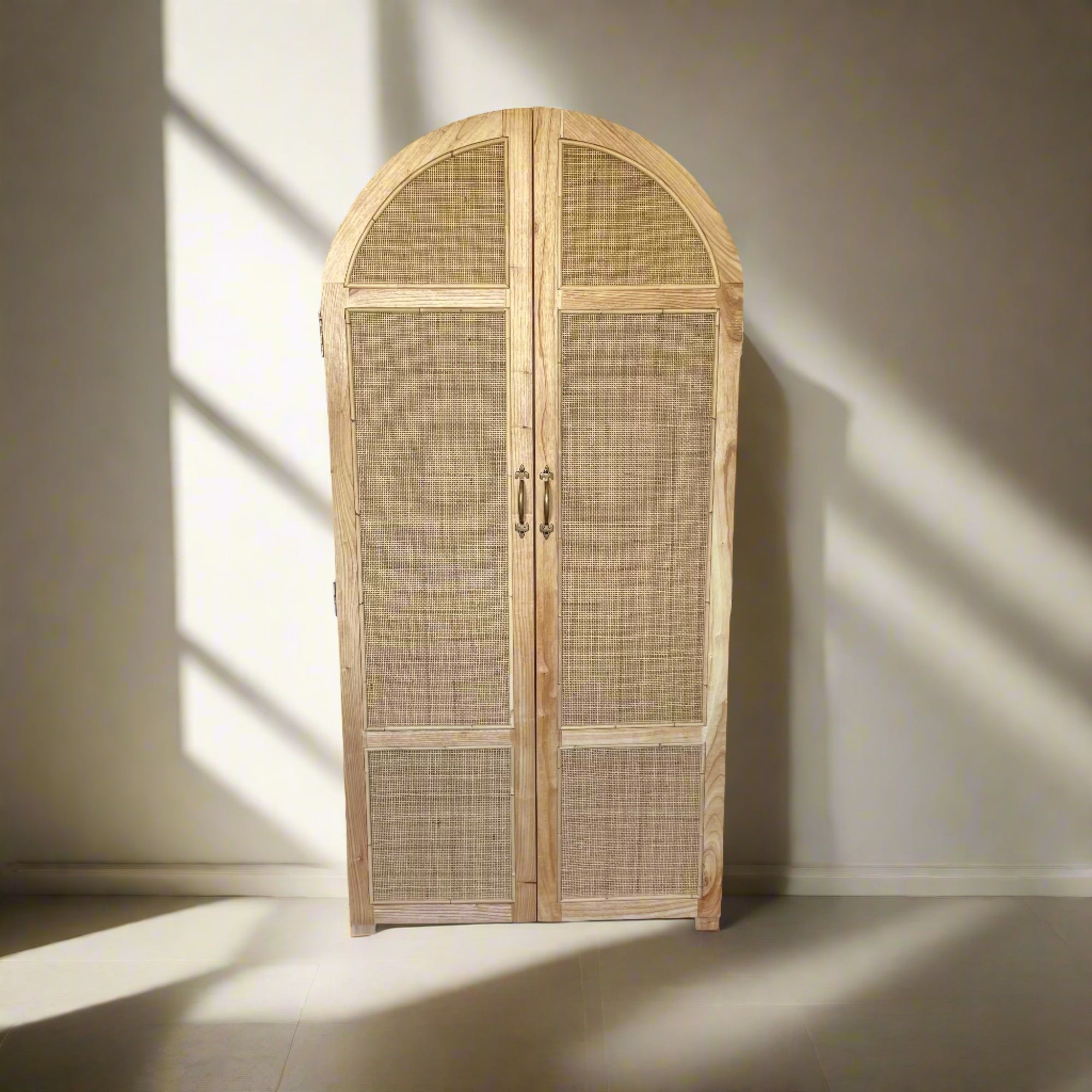 Arch Teak & Rattan Wardrobe - Full Shelves