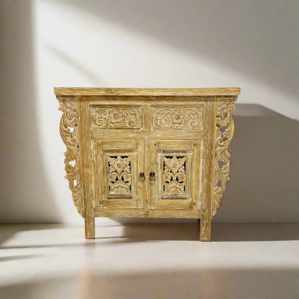 Indah White Wash Carved Teak Vanity - 90cm Length
