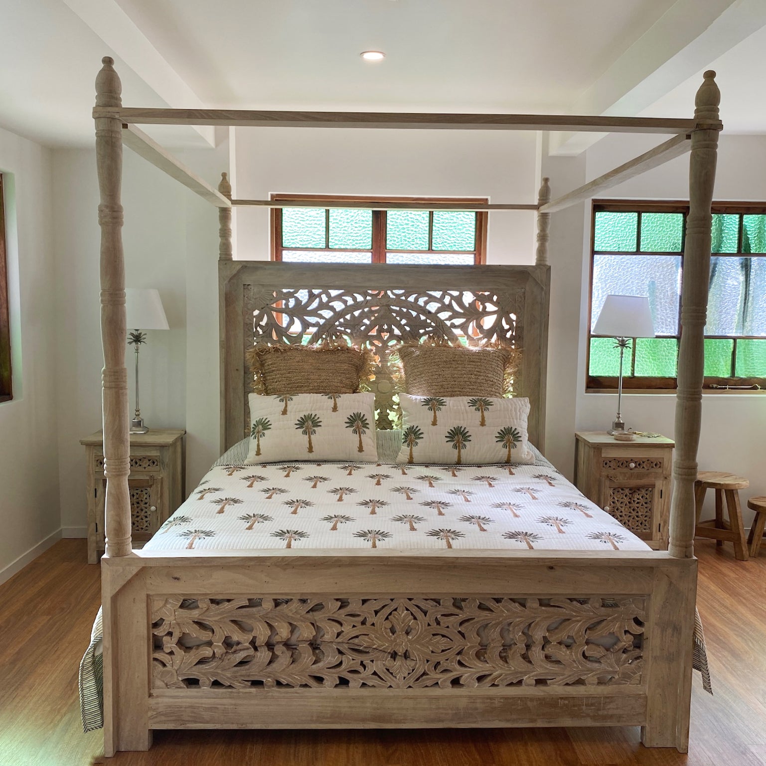 Indian Carved Wooden 4 Poster Bed - King