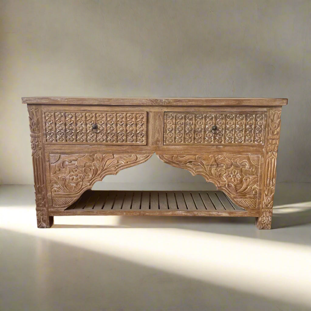 Kalak White Wash Carved Teak Vanity - 150cm Length