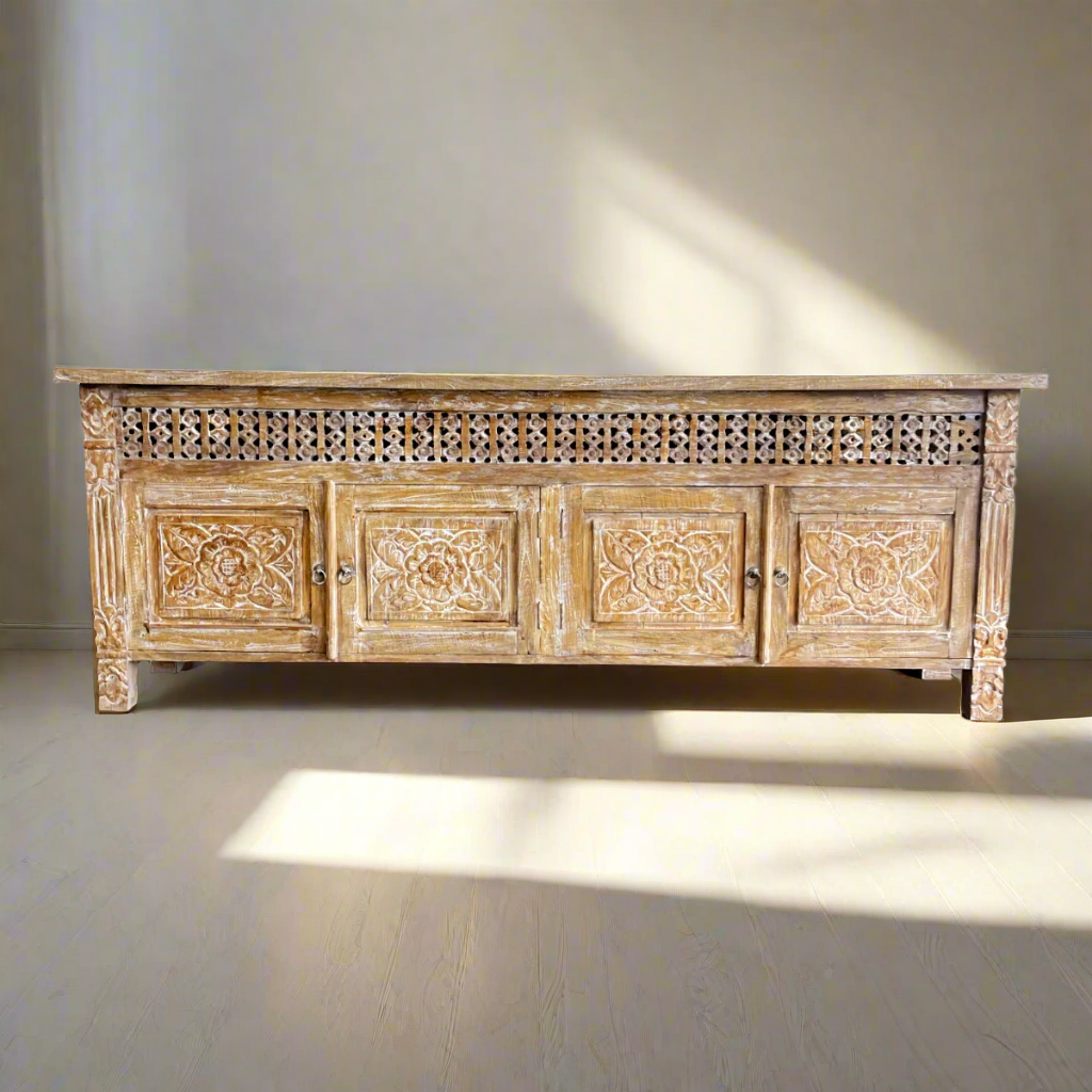 Kediri White Wash Carved Teak Sideboard - 220cm Length