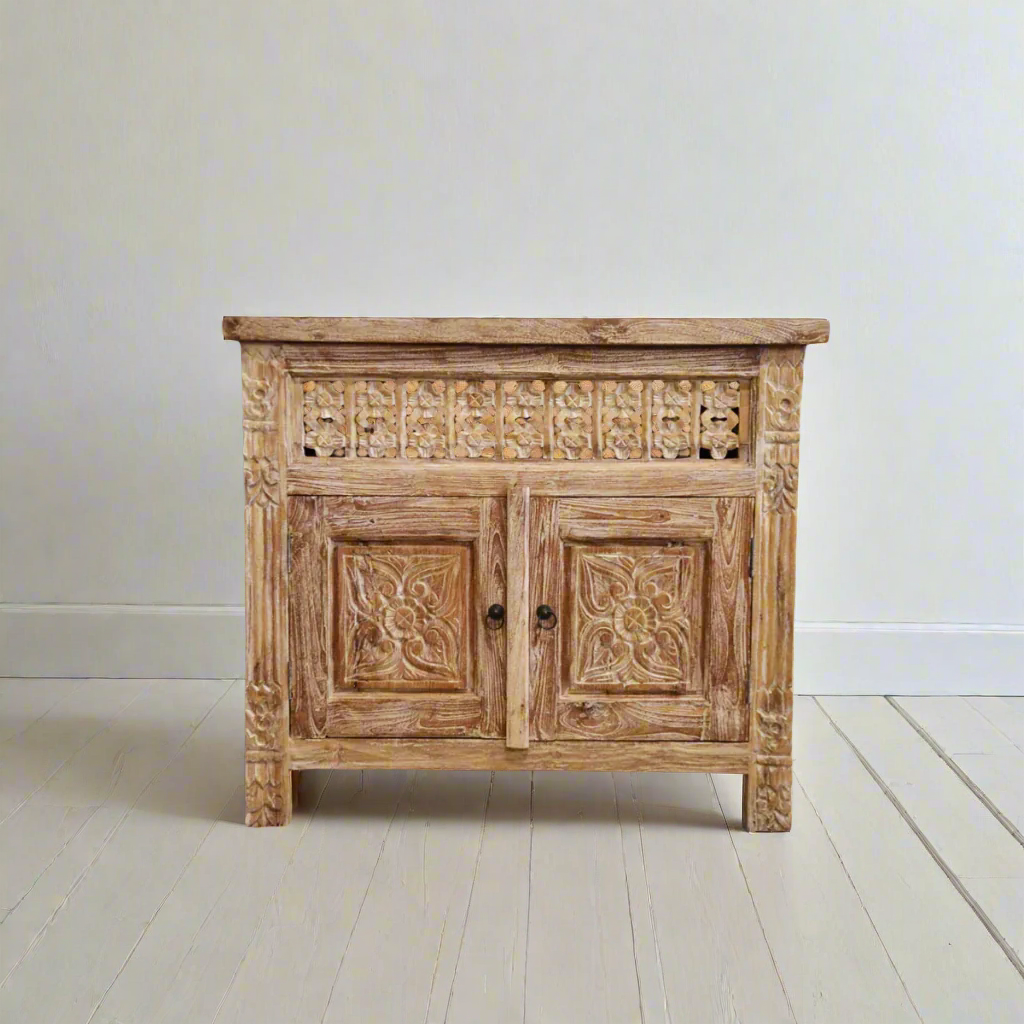 Kediri White Wash Carved Teak Vanity 90cm