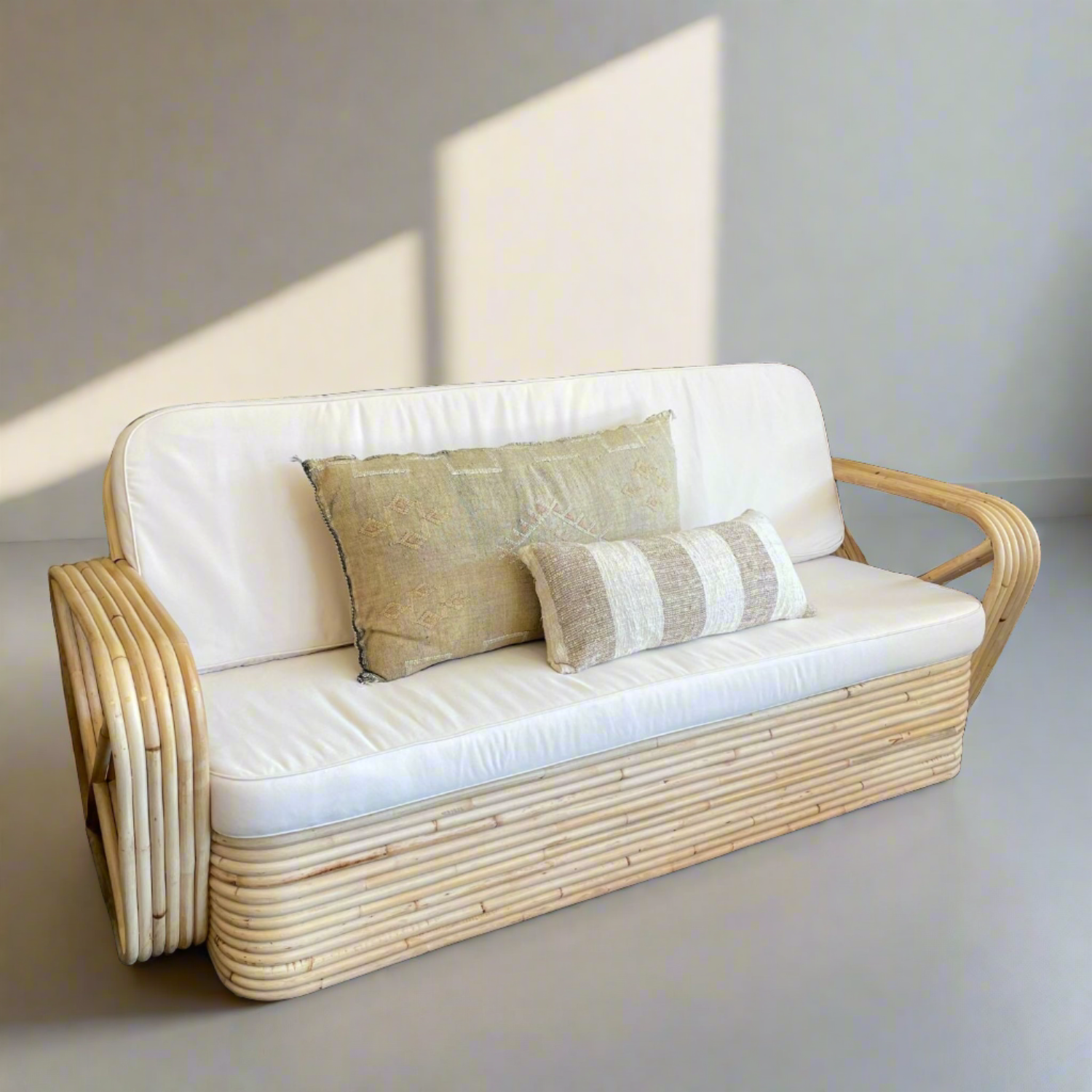 Midcentury Six Strand Rattan 3 Seater Lounger - Natural