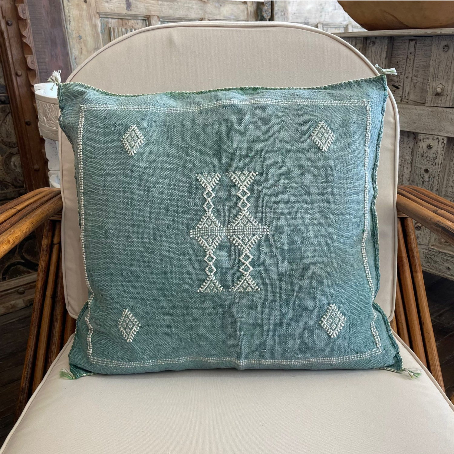 Moroccan Cactus Silk Square Cushion Cover - Sea Green
