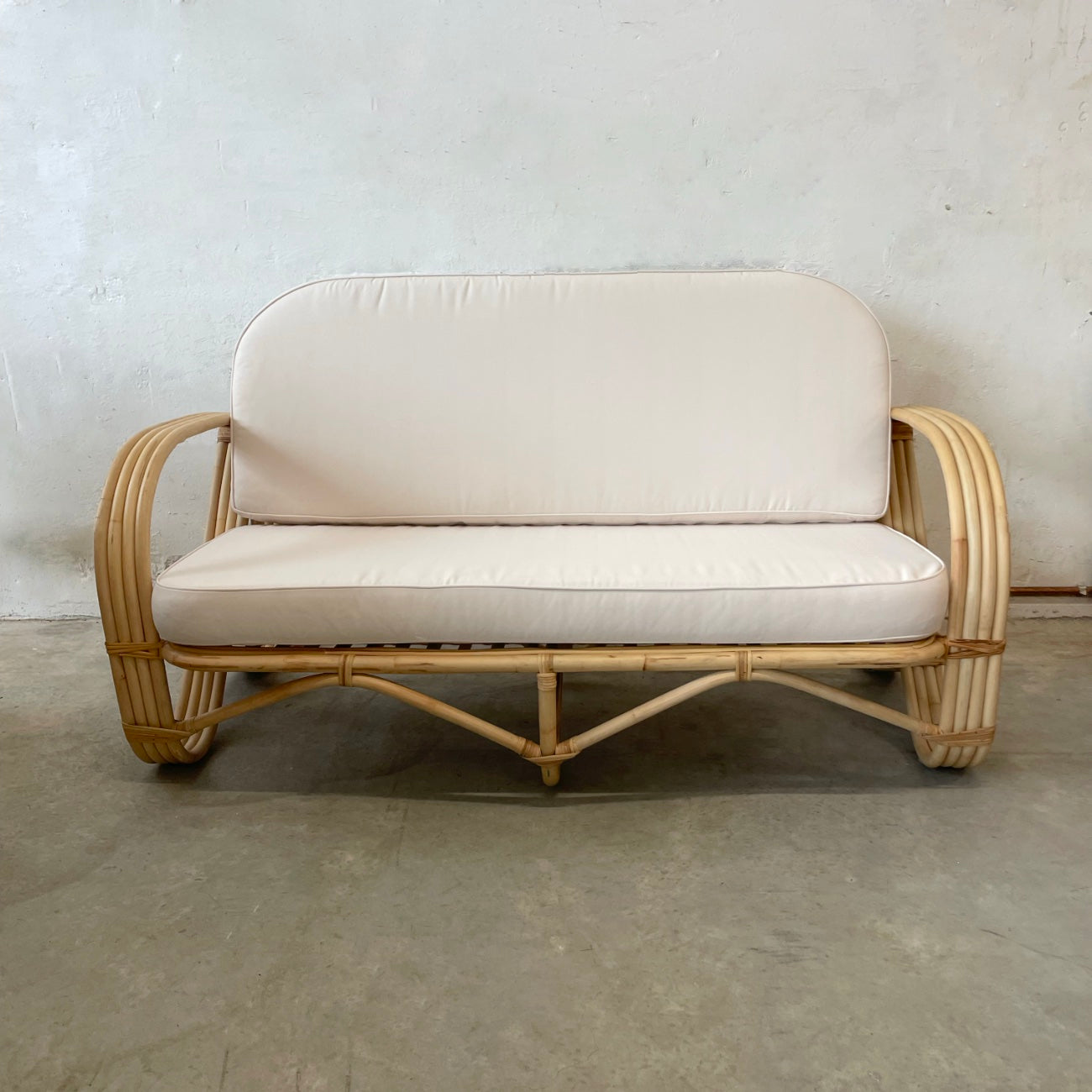 Natural Pretzel Rattan 2 Seater Lounge - Cream Cushion