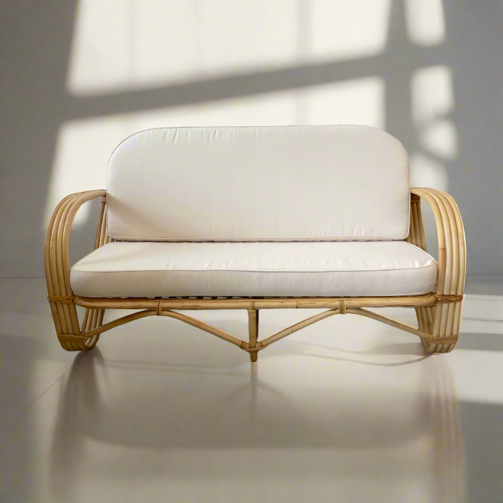 Natural Pretzel Rattan 2 Seater Lounge - Cream Cushion