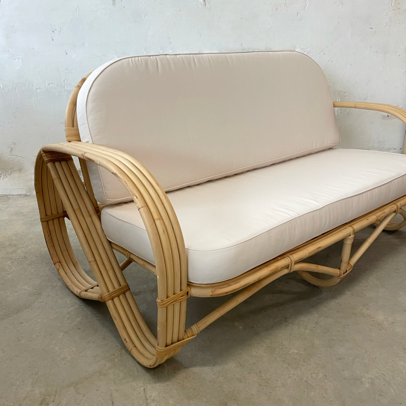 Natural Pretzel Rattan 2 Seater Lounge - Cream Cushion