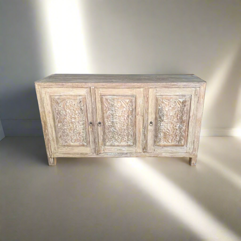 Jepun White Wash Carved Teak Sideboard 160cm