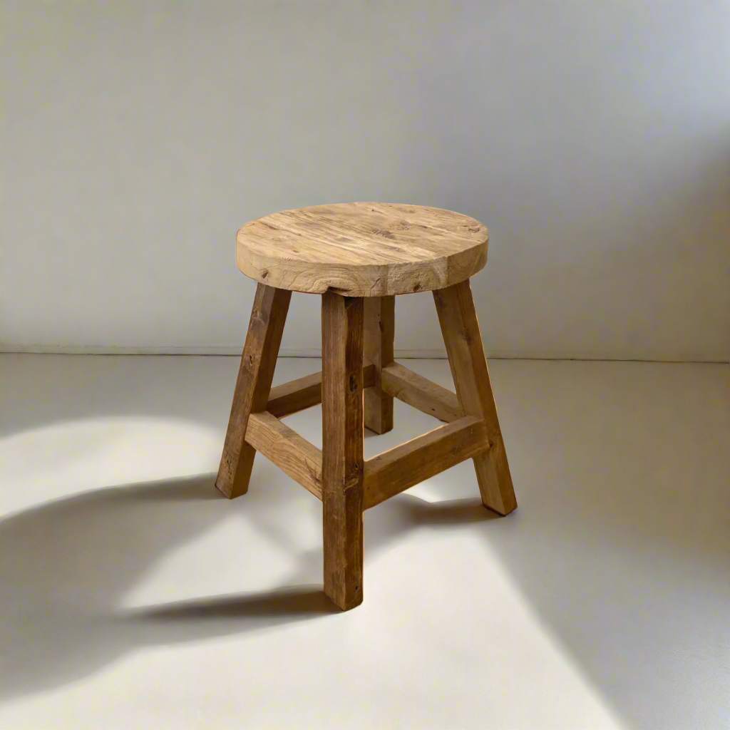 Round Rustic Workers Teak Stool