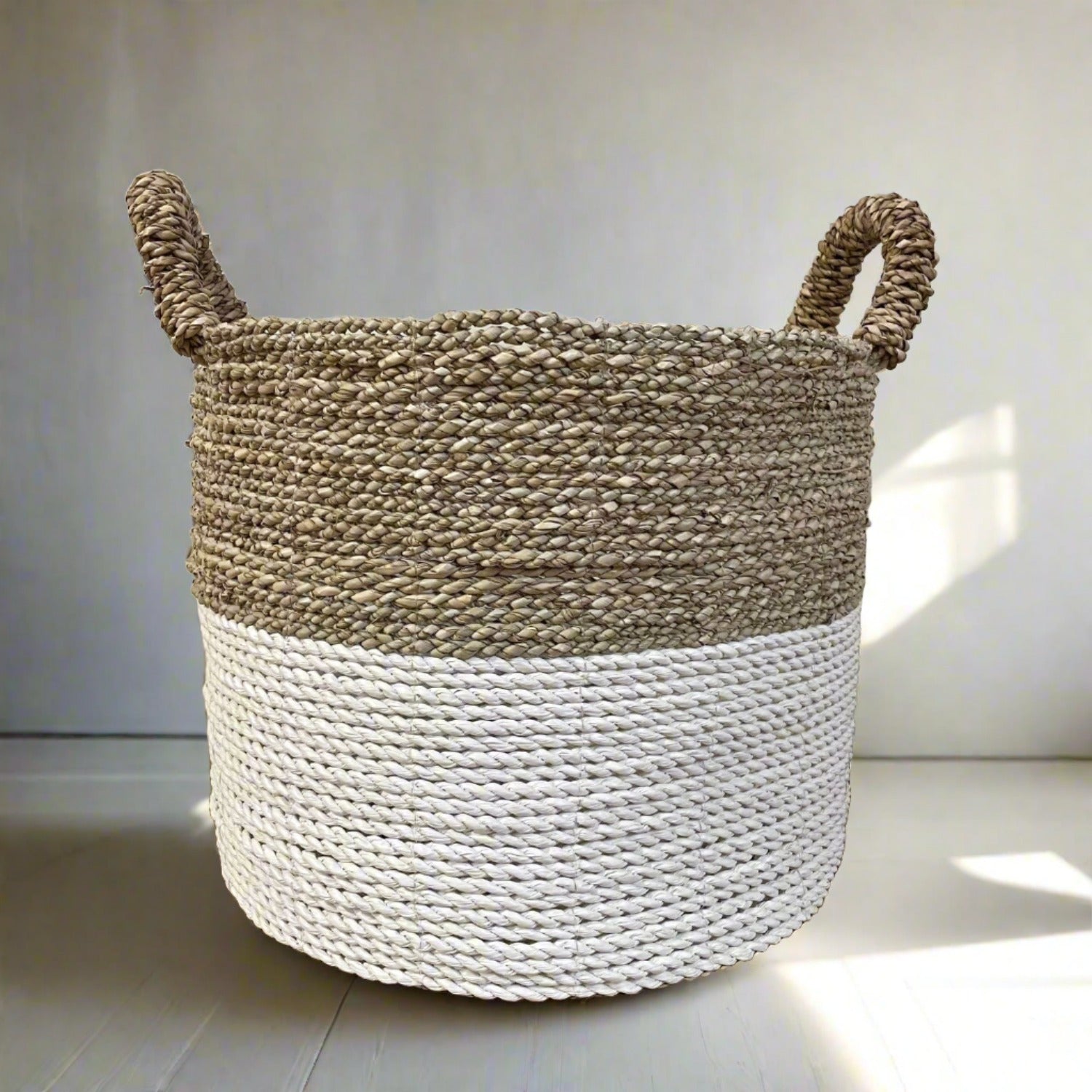 Round Seagrass Natural + White Storage Basket - Large