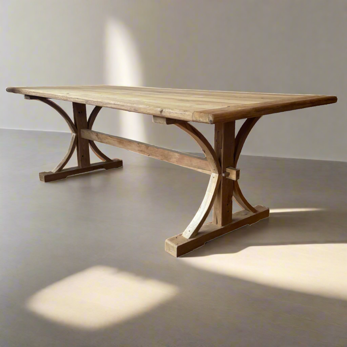 Teak Timber Curved Cross Leg Dining Table 2.5m x 1m