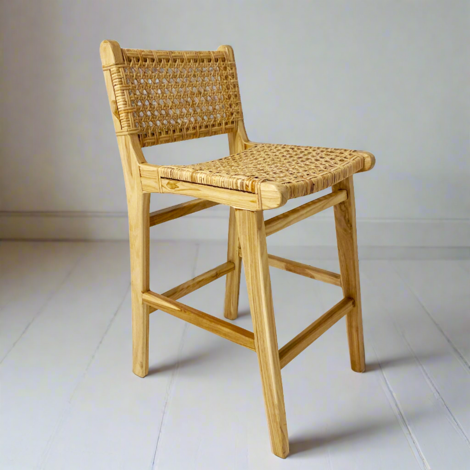 Villa Woven Teak Counter Stool with Back - Set of 4