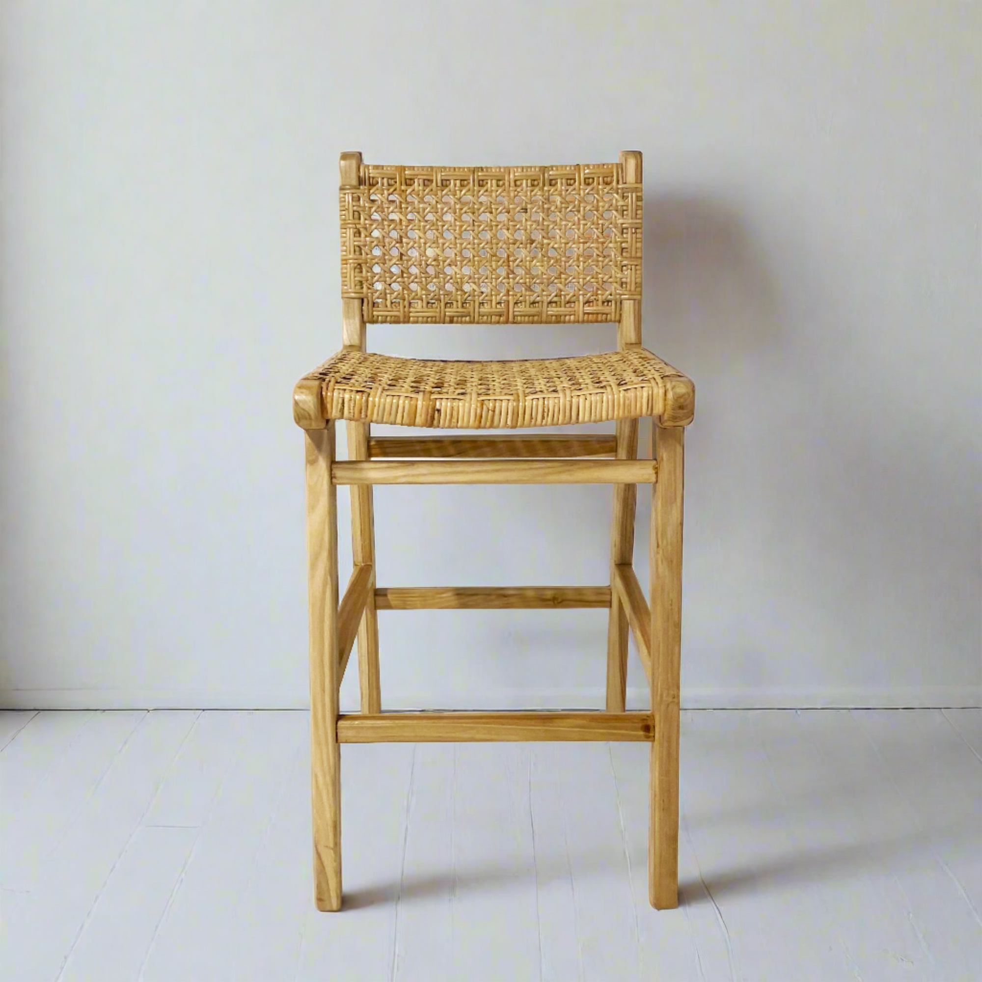Villa Woven Teak Counter Stool with Back - Set of 4