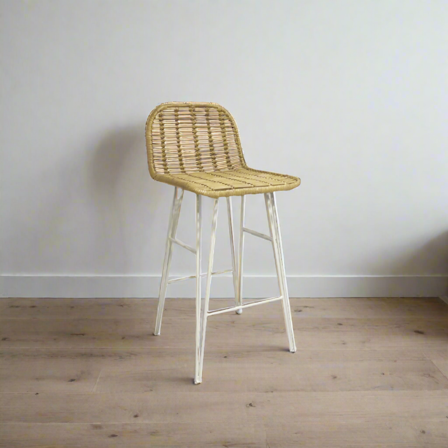 White Steel + Rattan Counter Stool with Low Back - Set of 3