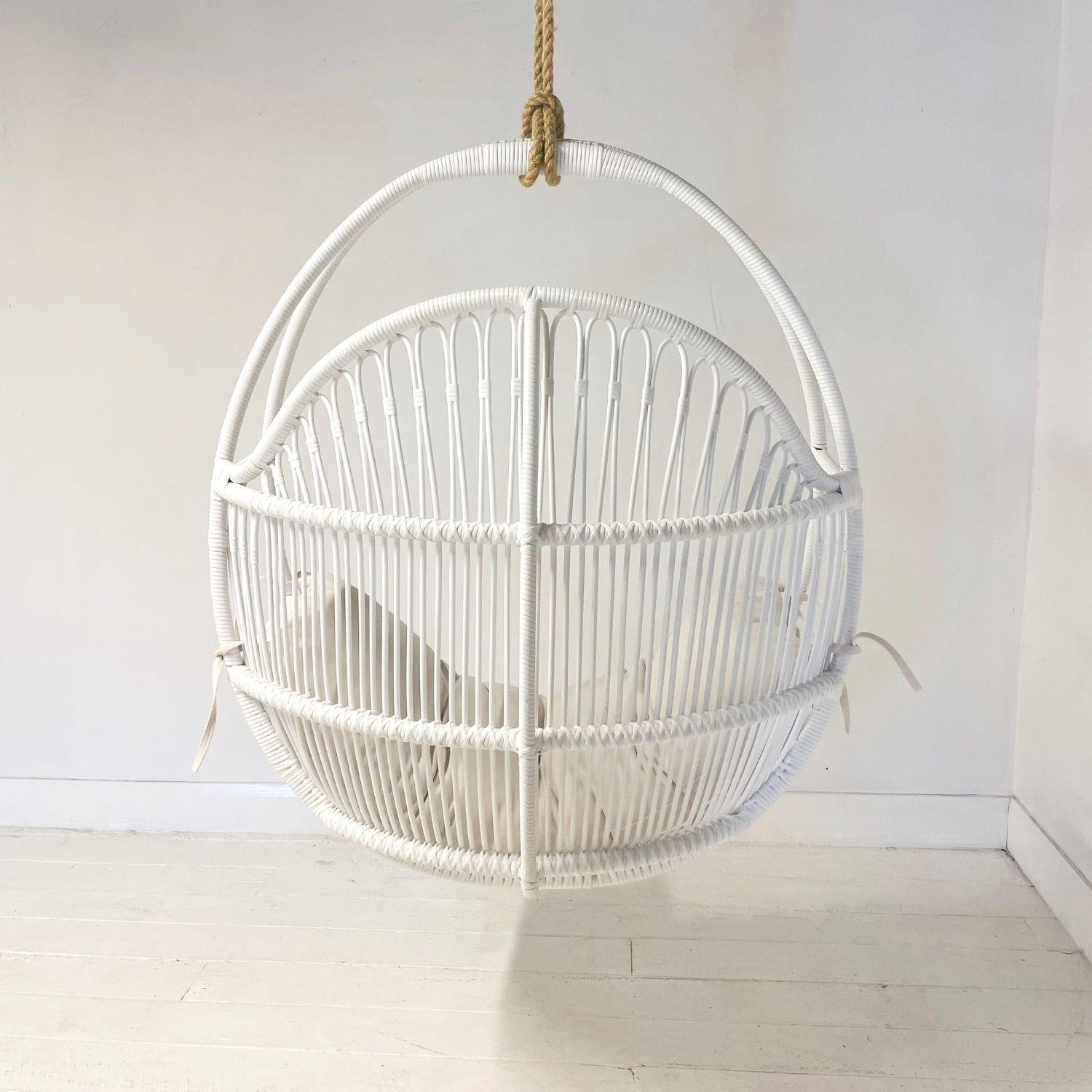 White Synthetic Round Single Cane Hanging Chair