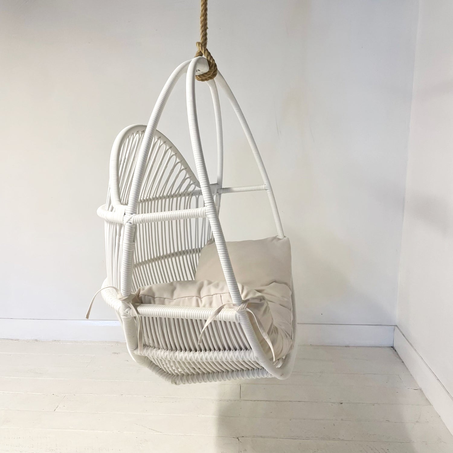 White Synthetic Round Single Cane Hanging Chair