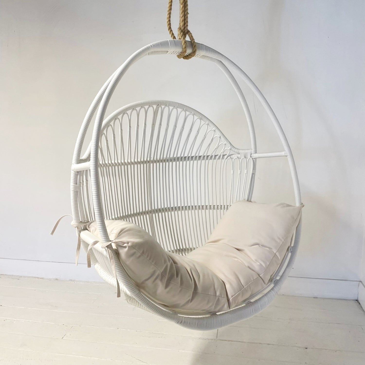 White Synthetic Round Single Cane Hanging Chair