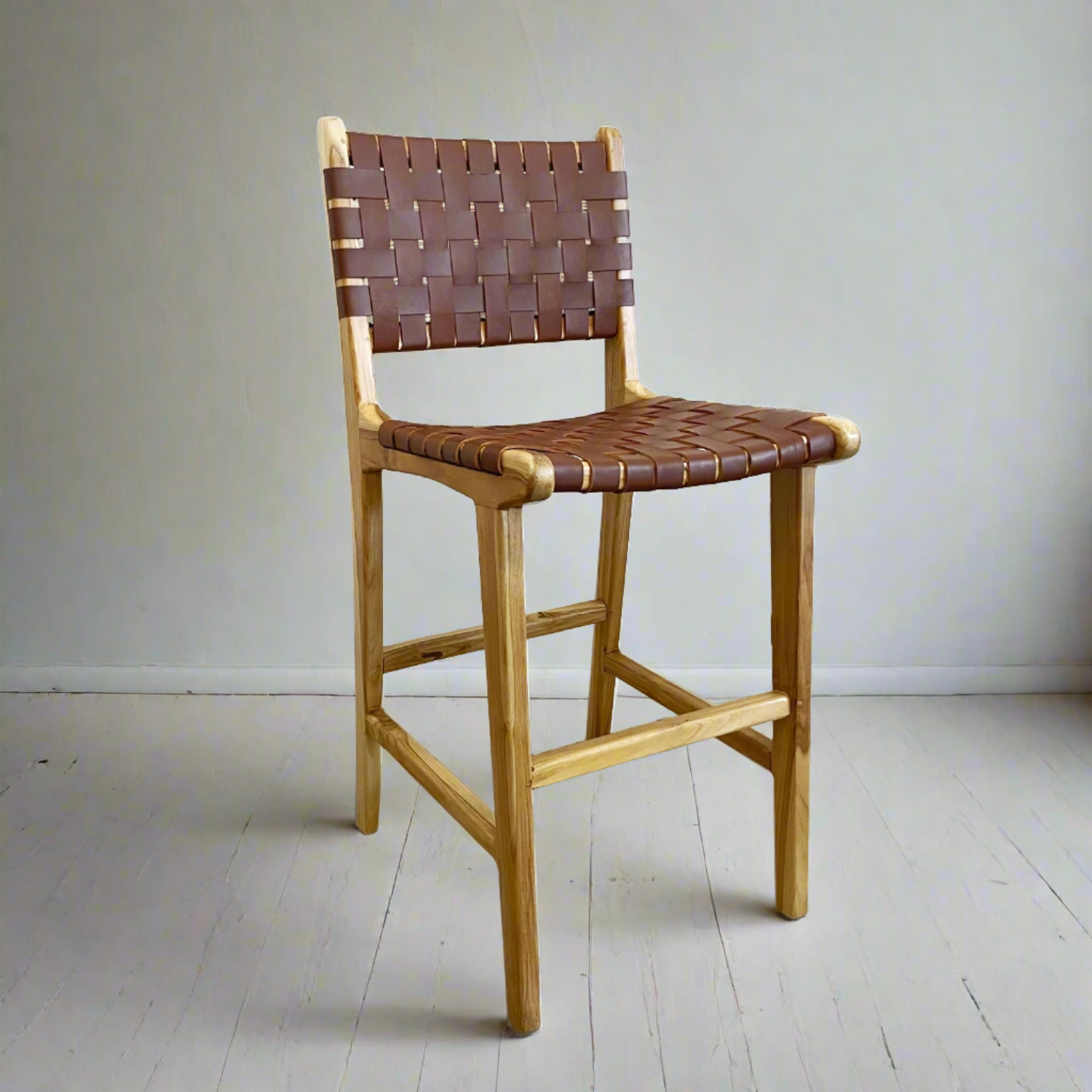 Woven Leather + Teak Counter Stool with Back