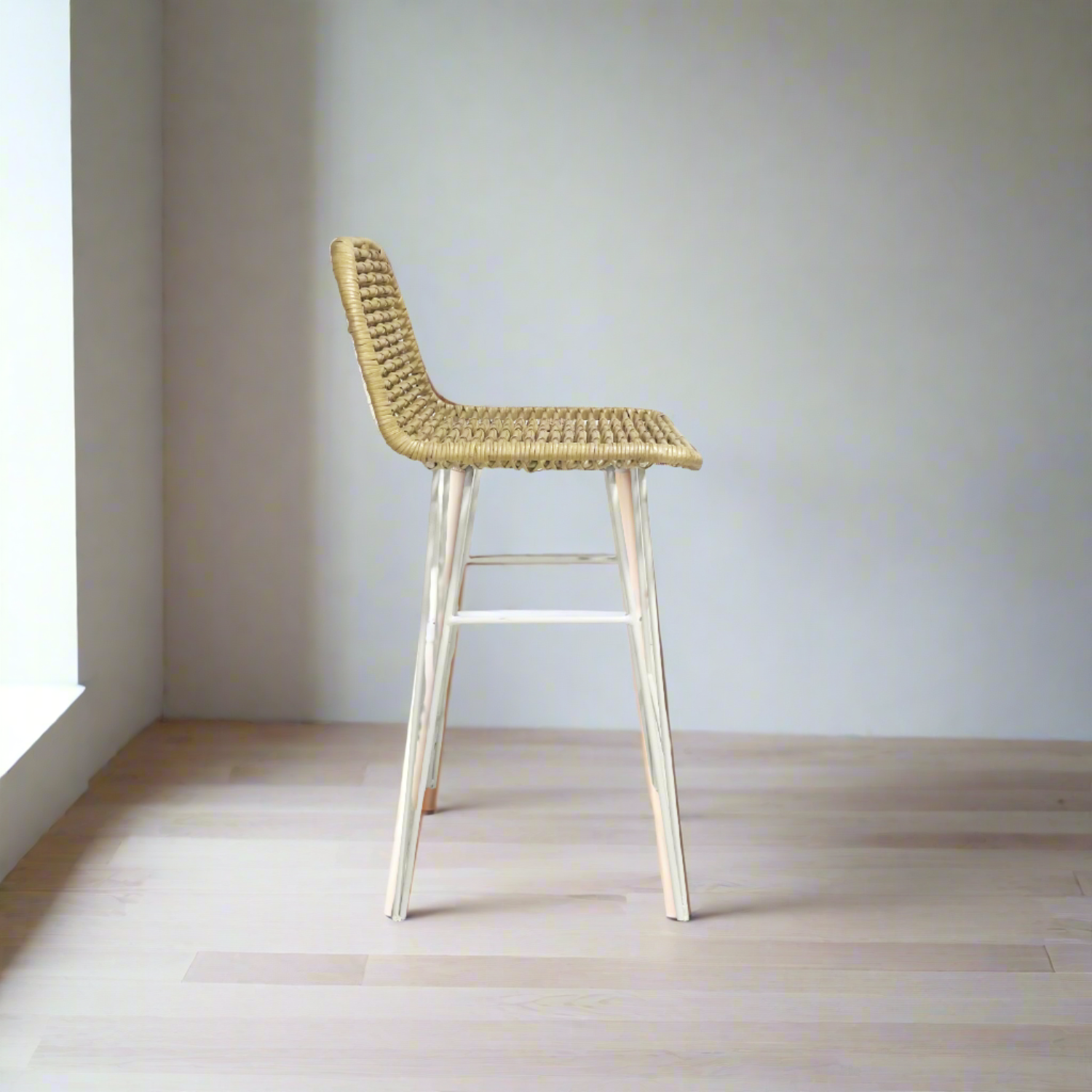 White Steel + Rattan Counter Stool with Low Back - Set of 3