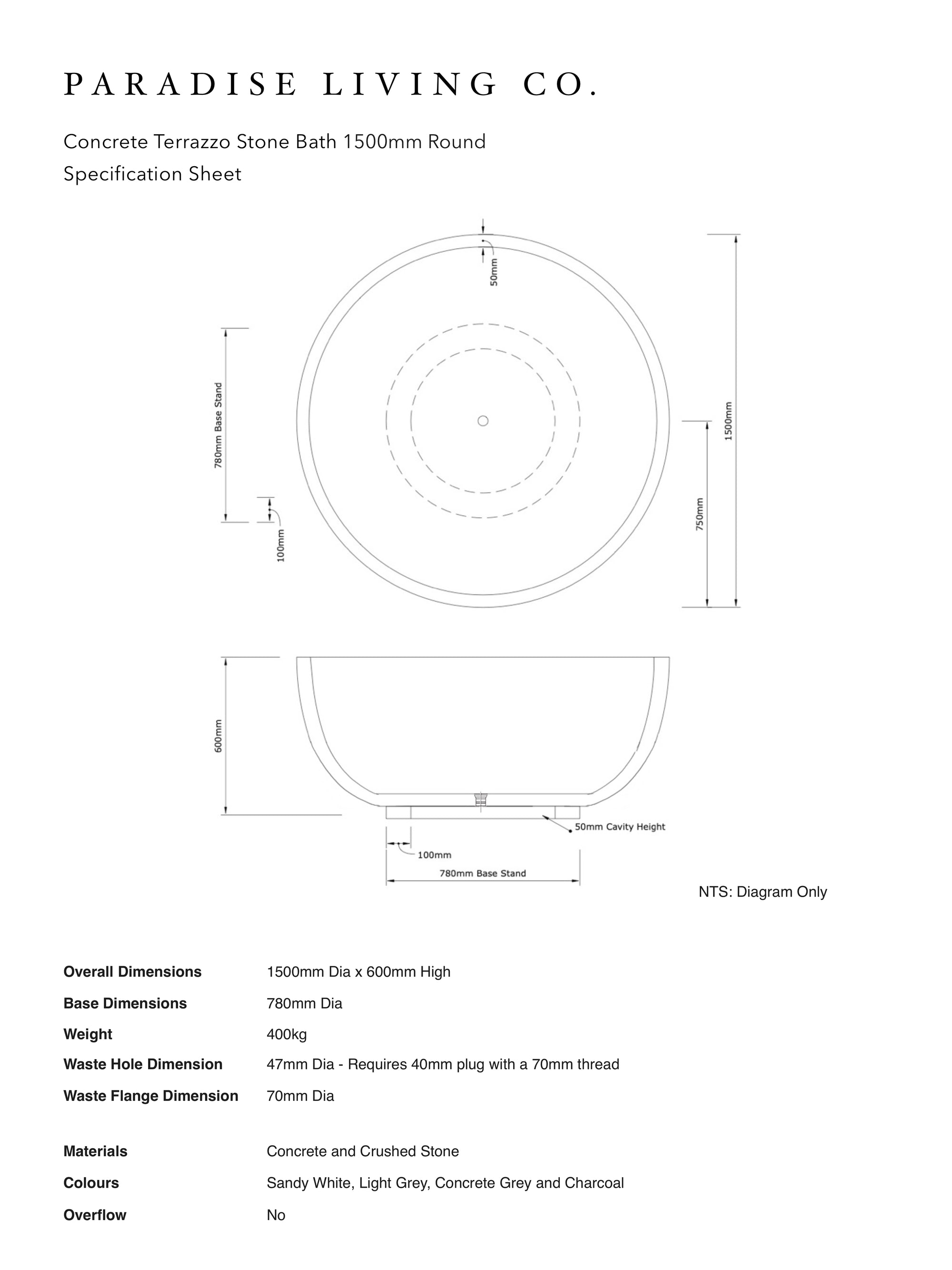 Round Concrete Terrazzo Stone Bath 1500mm - Mid Grey