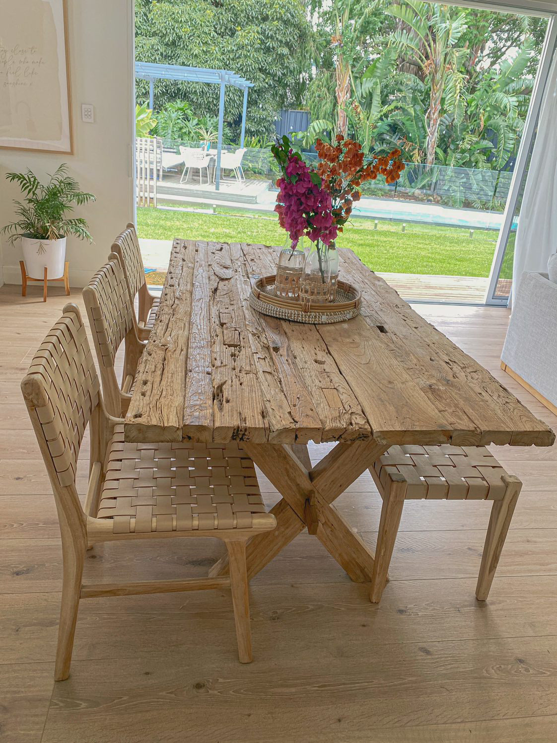 Rustic Teak Timber Cross Leg Dining Table 2.5m x 1m