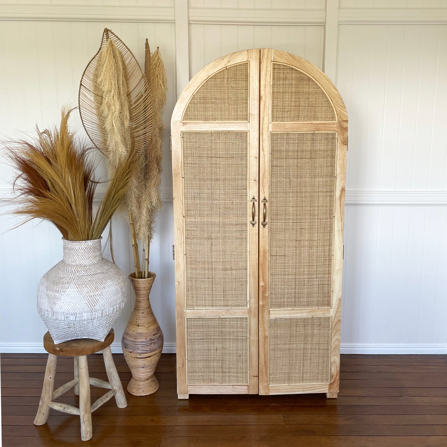 Arch Teak & Rattan Wardrobe - Full Shelves