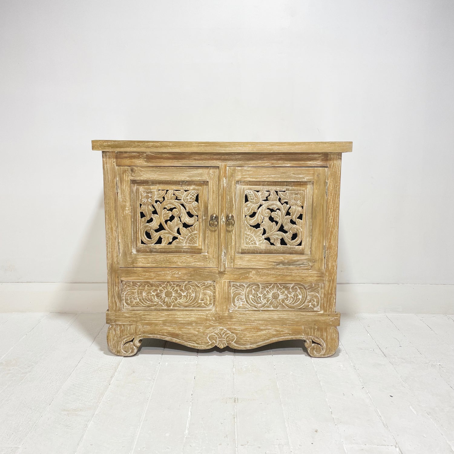 Belang White Wash Carved Teak Vanity - 90cm Length