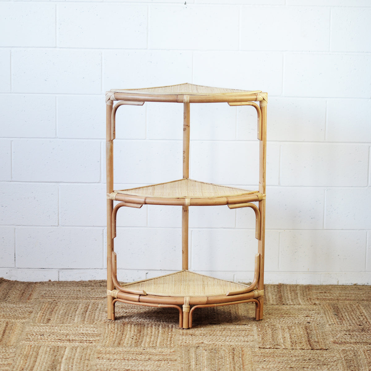 Corner rattan shelf deals