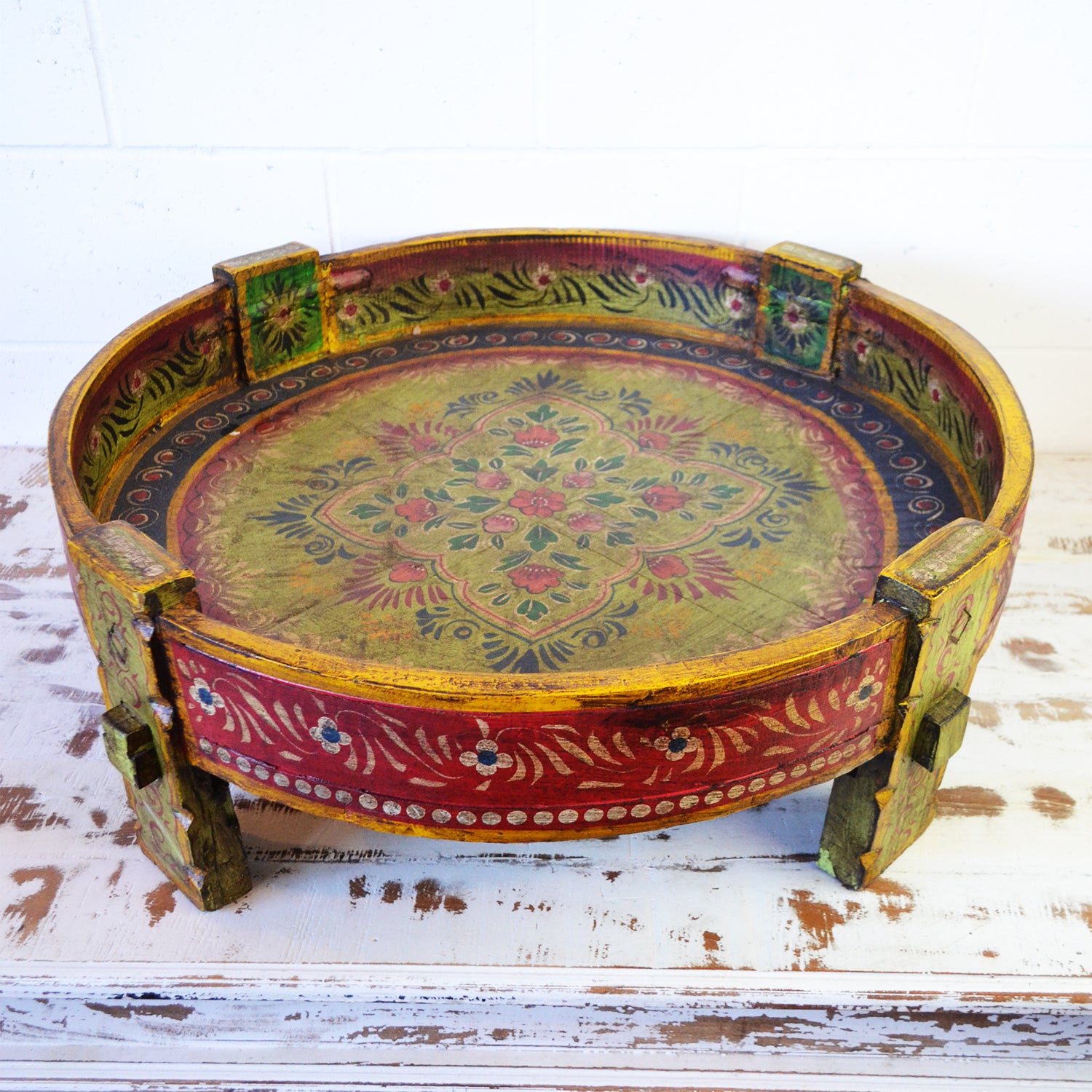 Hand Painted Indian Timber Grinder Tables | Assorted Sizes