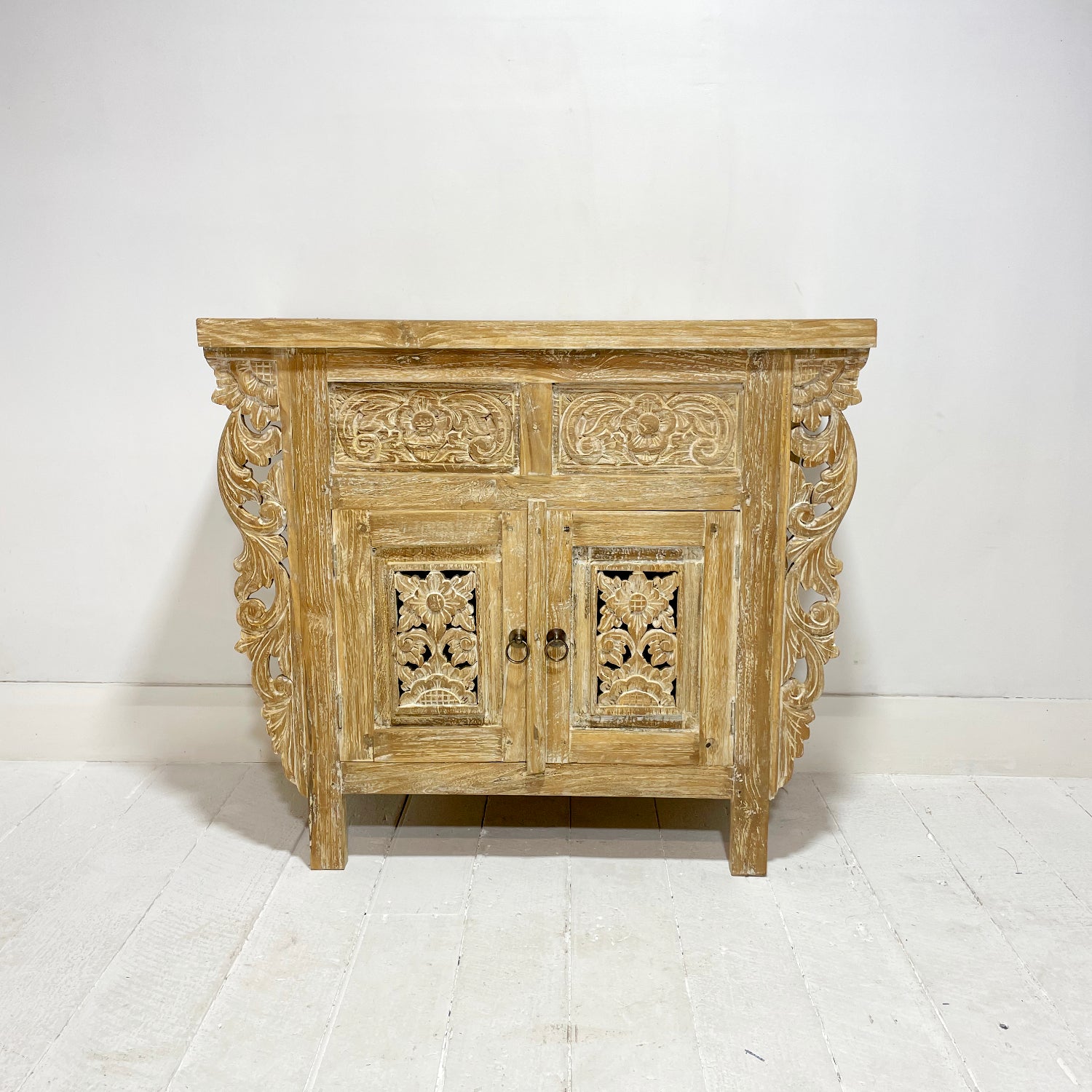Indah White Wash Carved Teak Vanity - 90cm Length