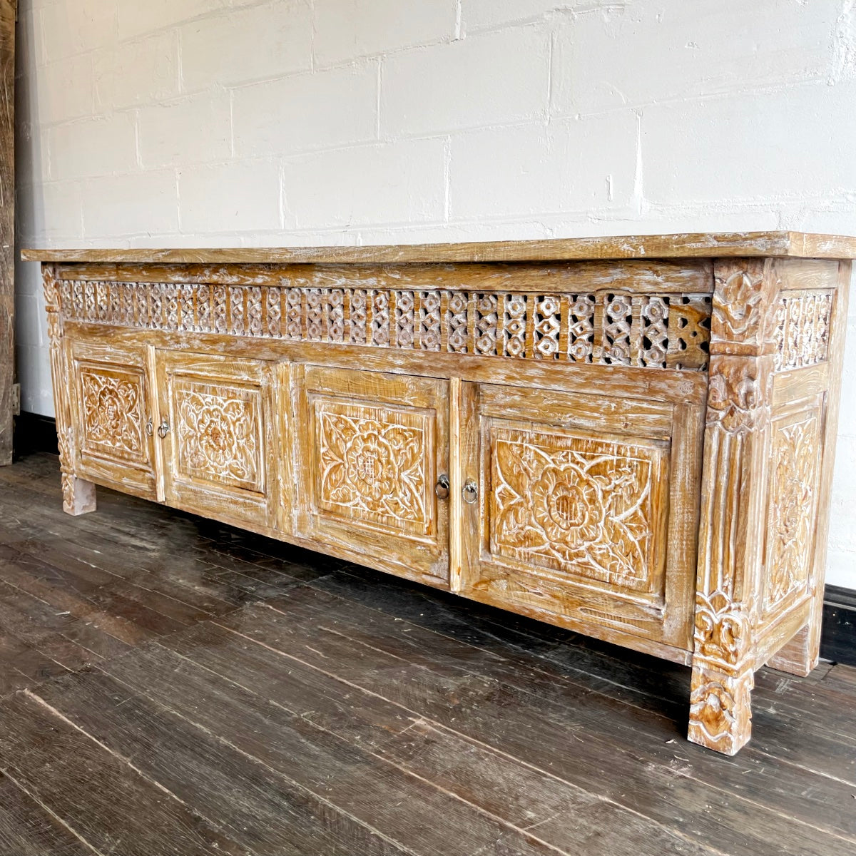 Kediri White Wash Carved Teak Sideboard - 220cm Length