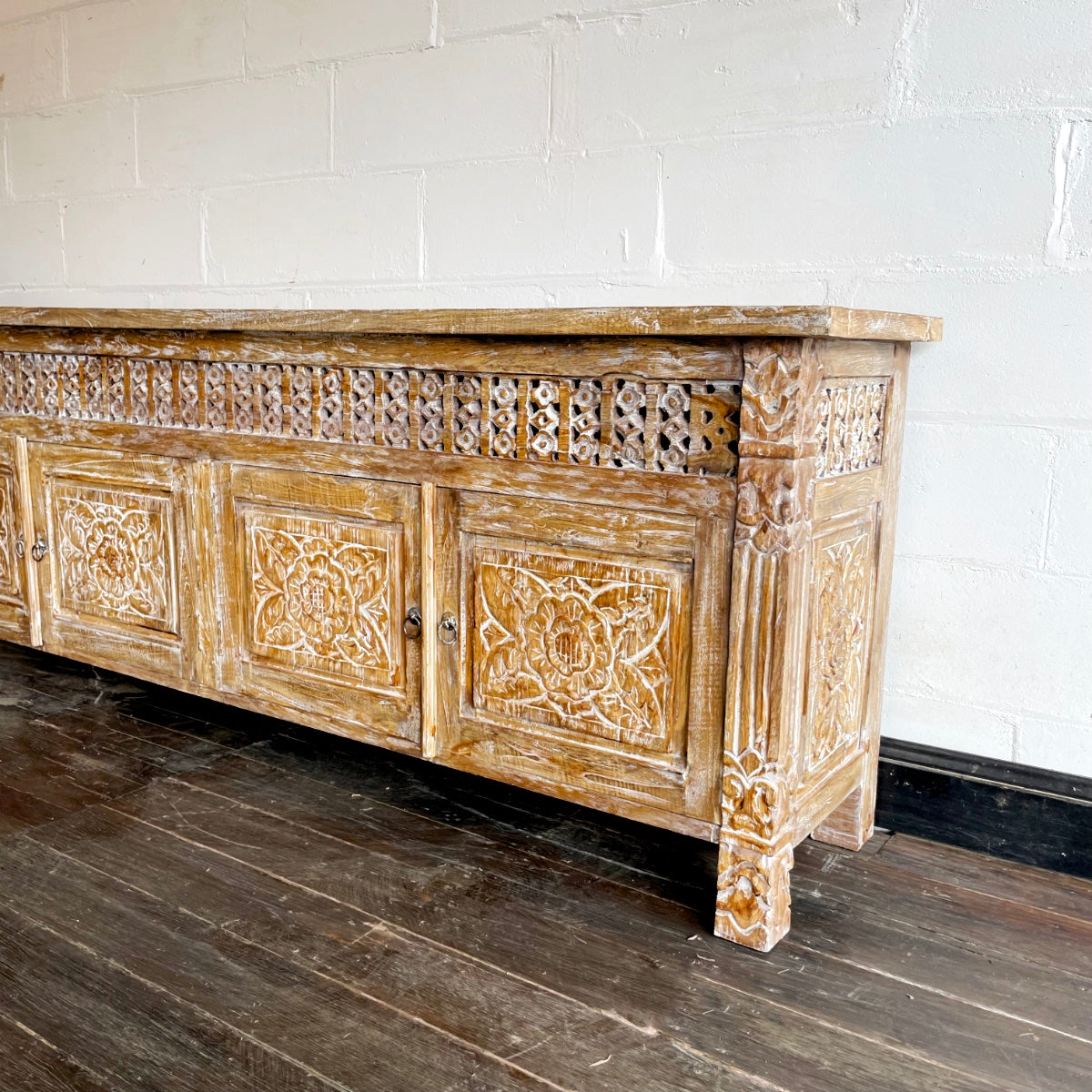 Kediri White Wash Carved Teak Sideboard - 220cm Length