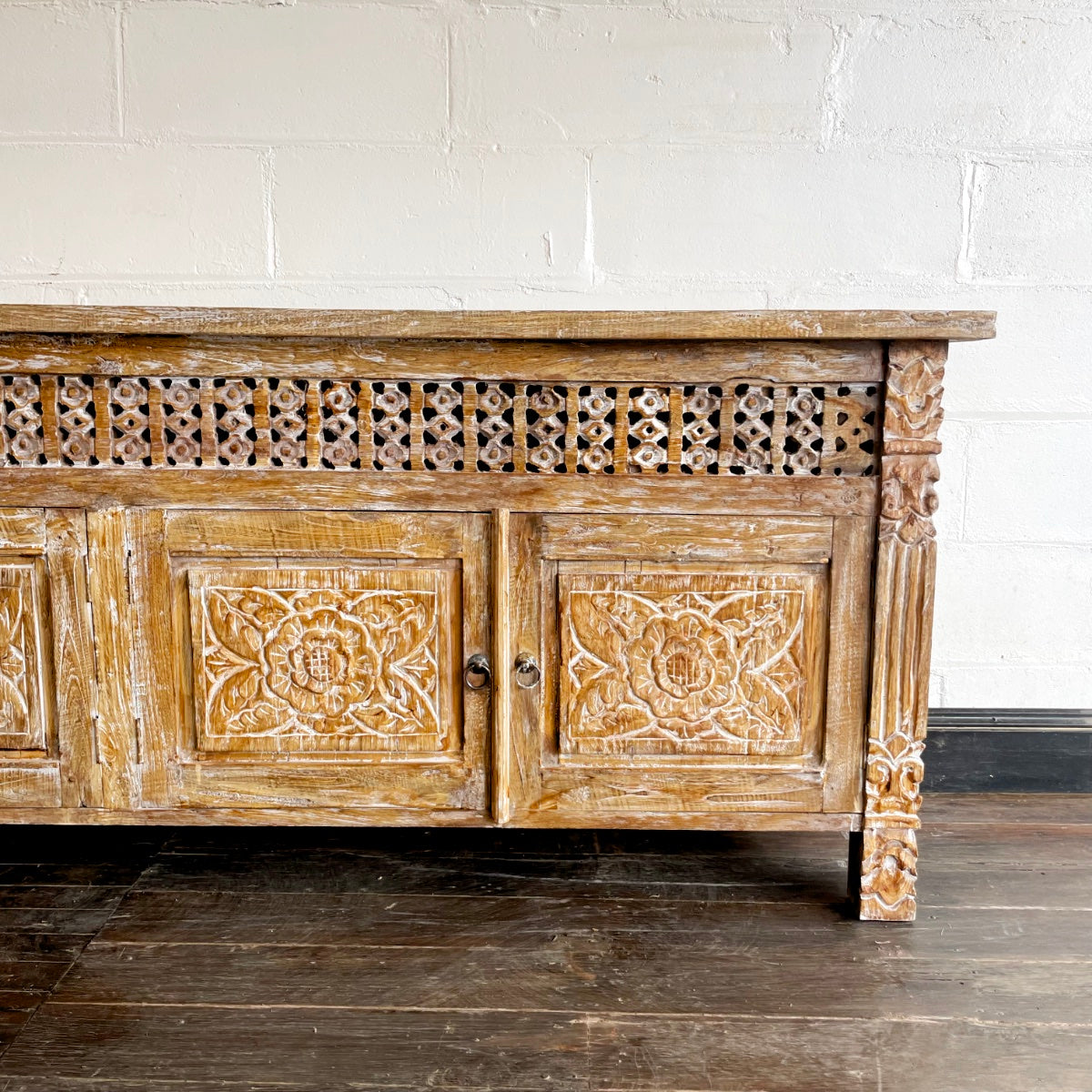 Kediri White Wash Carved Teak Sideboard - 220cm Length