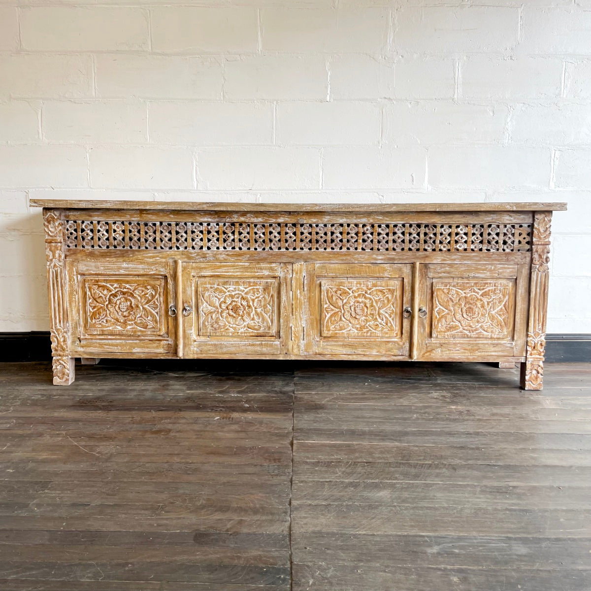Kediri White Wash Carved Teak Sideboard - 220cm Length