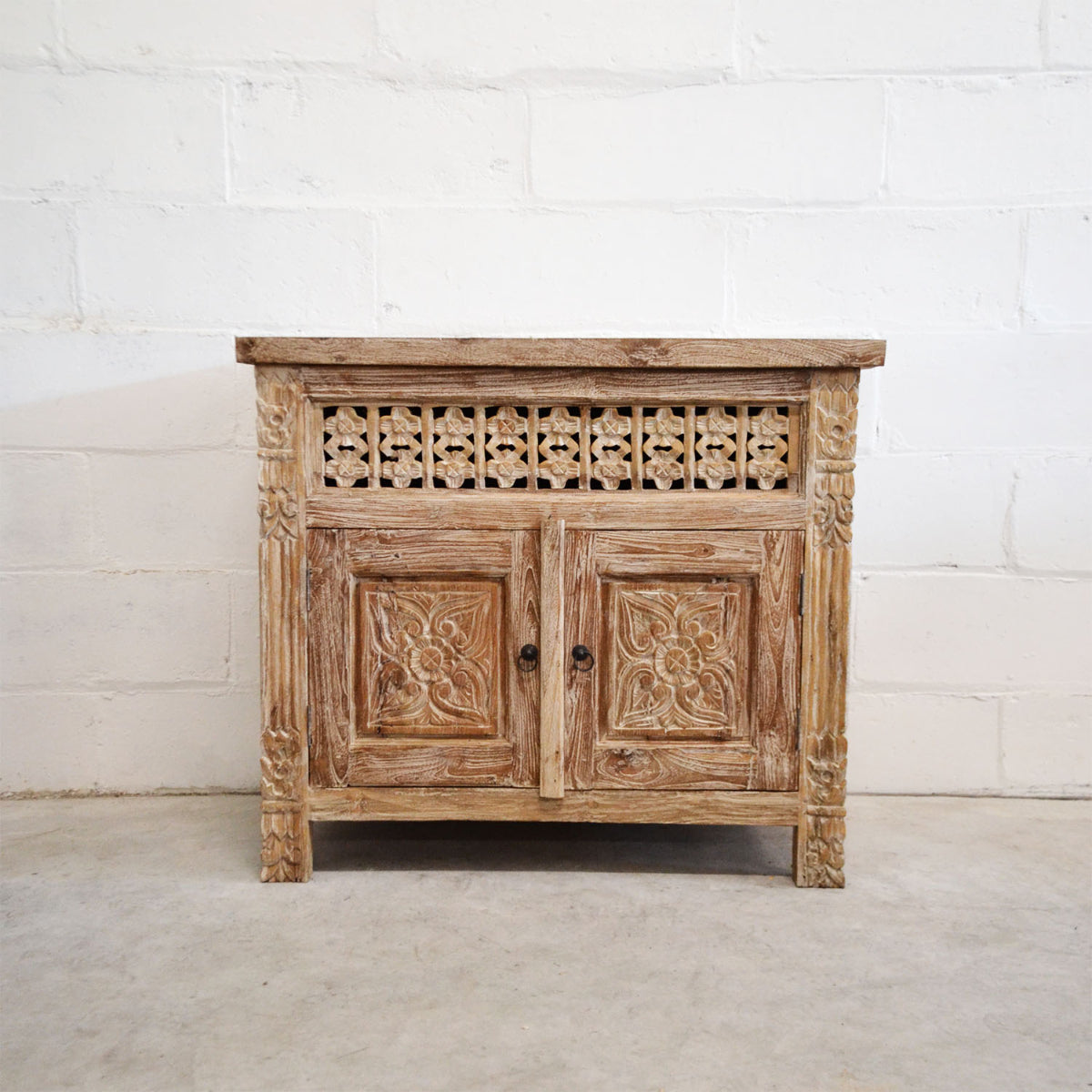 Kediri White Wash Carved Teak Vanity 90cm