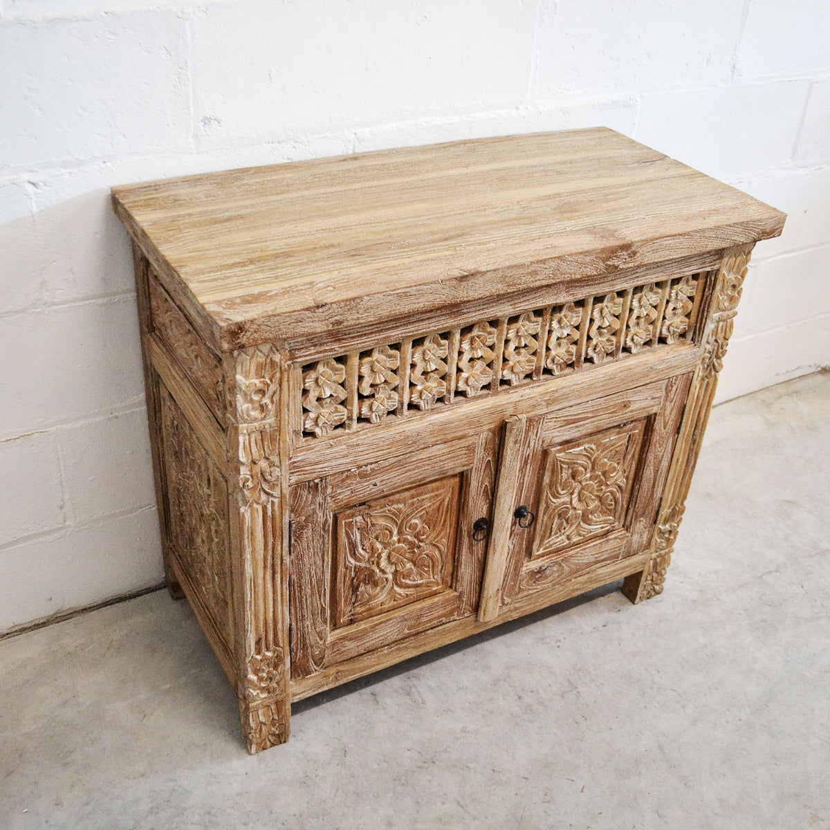 Kediri White Wash Carved Teak Vanity 90cm