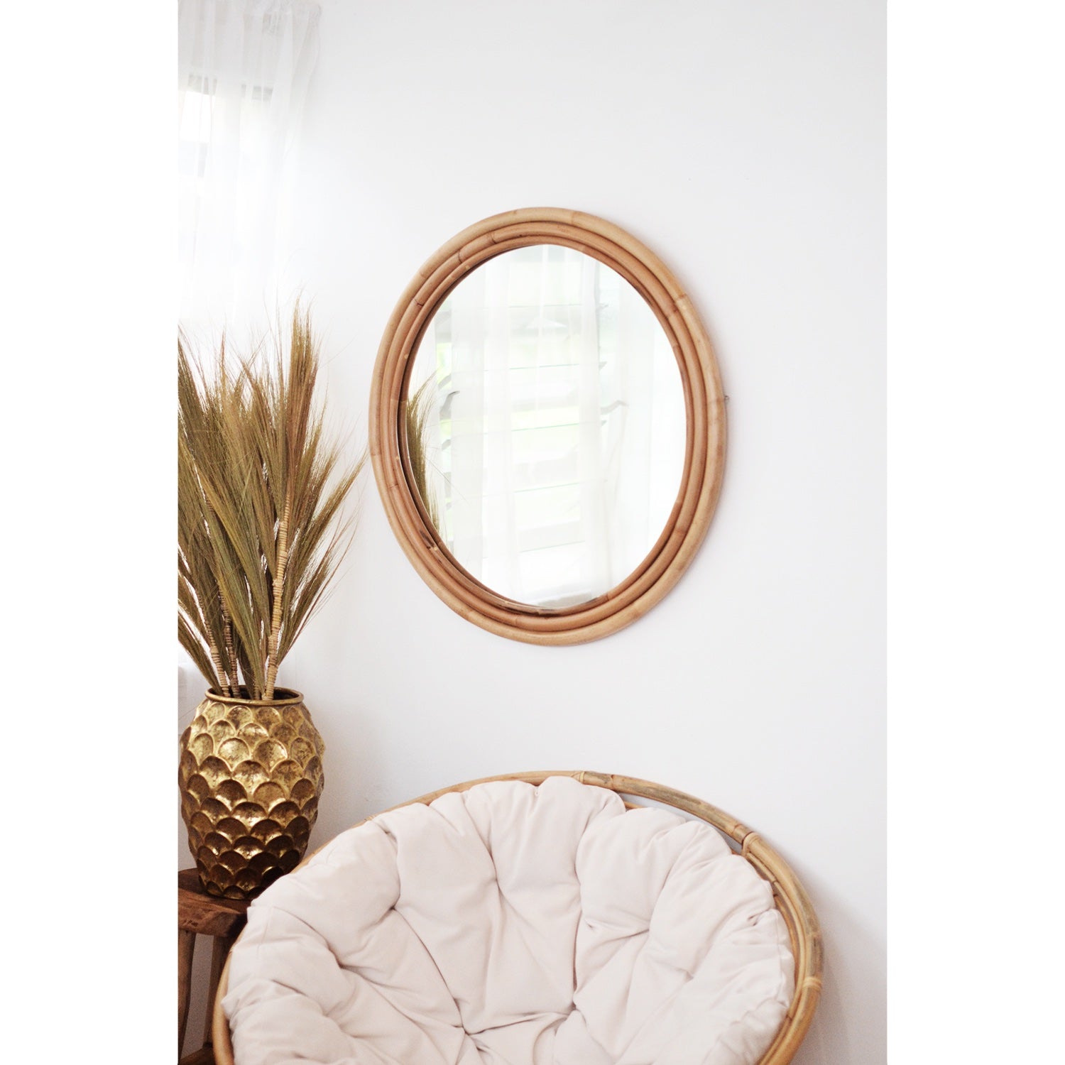 Large Round Rattan Mirror 80cm Dia