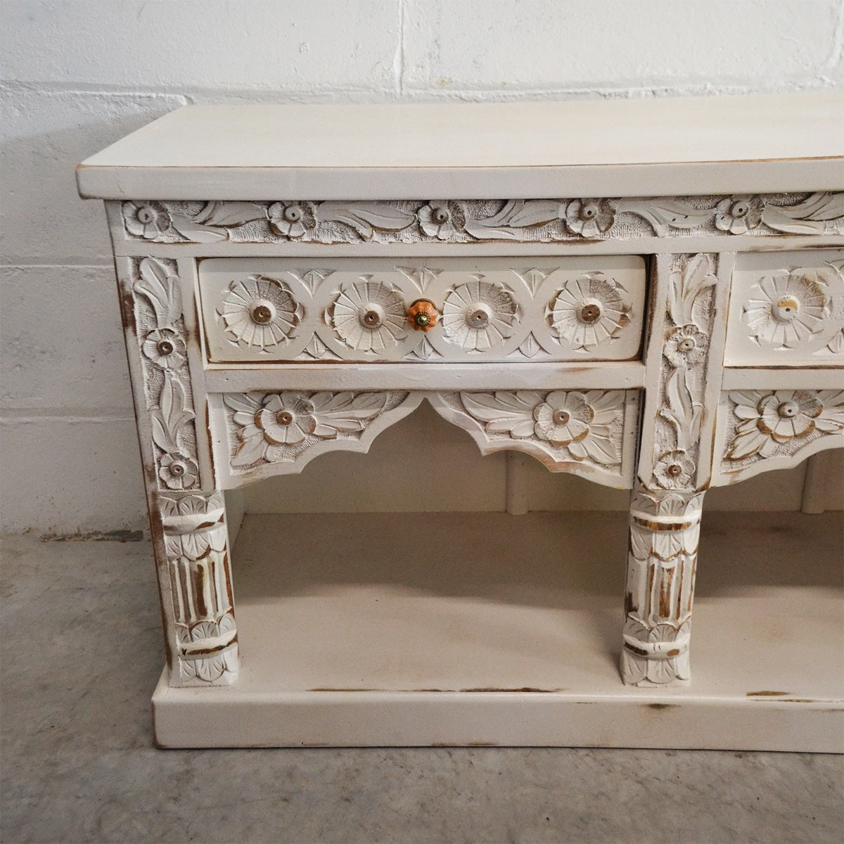 Low Indian White Wash Arch Timber Sideboard 200cm