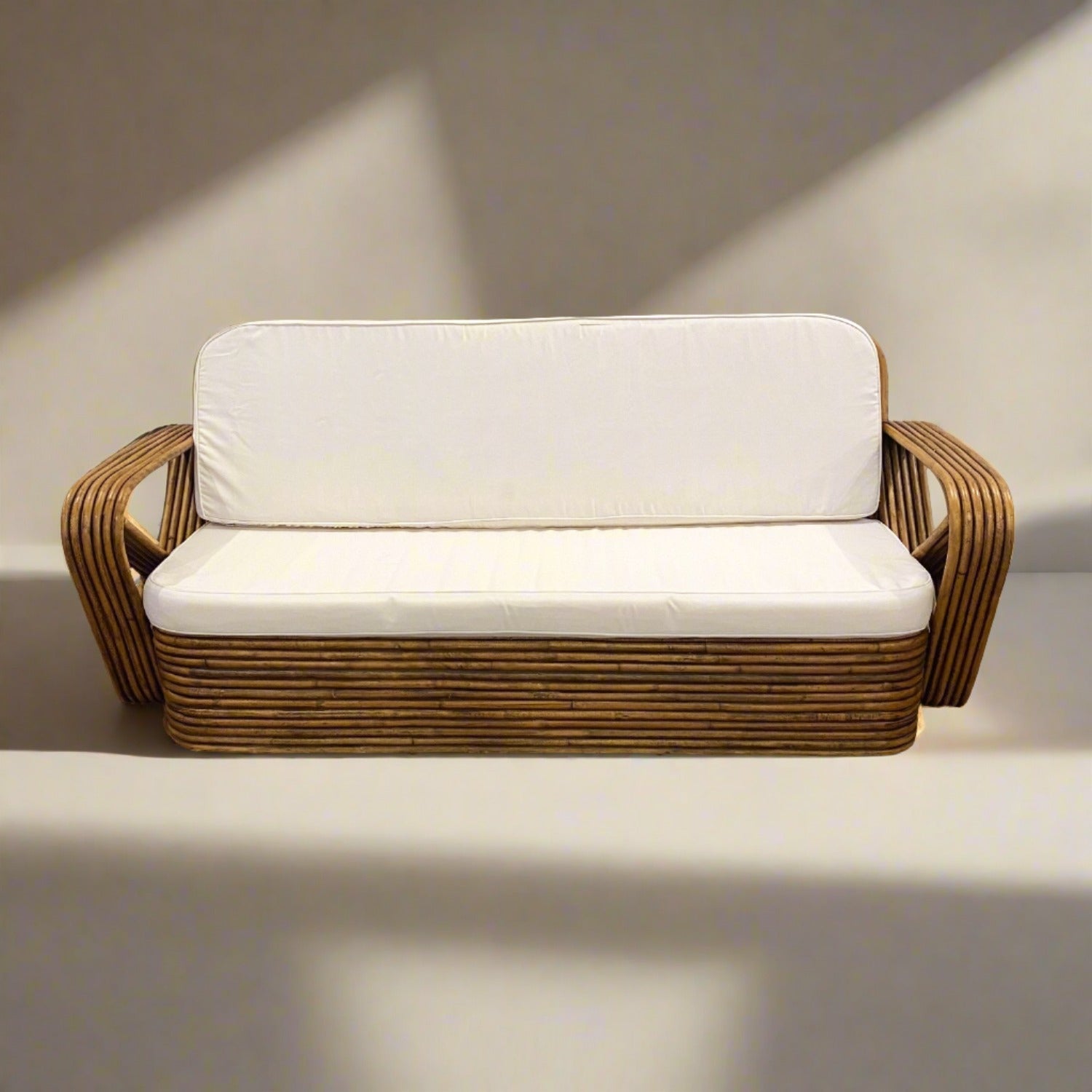 Midcentury Six Strand Rattan 3 Seater Lounger - Caramel